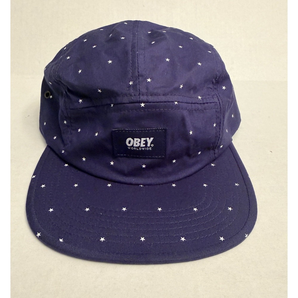 OBEY 5 Panel Hat Cap Strap Back Navy Blue All Over Star Print 100% Cotton OSFA